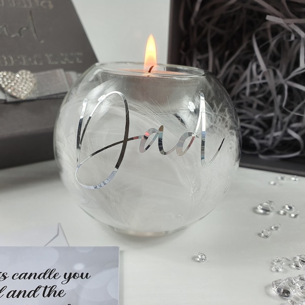 Personalised Memorial Candle for Dad | Feather Tealight Holder Sympathy Gift Keepsake