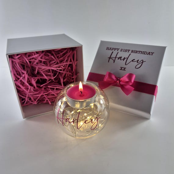 21st Birthday Gift for Her, Personalised Birthday Candle Gift Set, LED Fairy Lights, 21st Keepsake Gift for Women