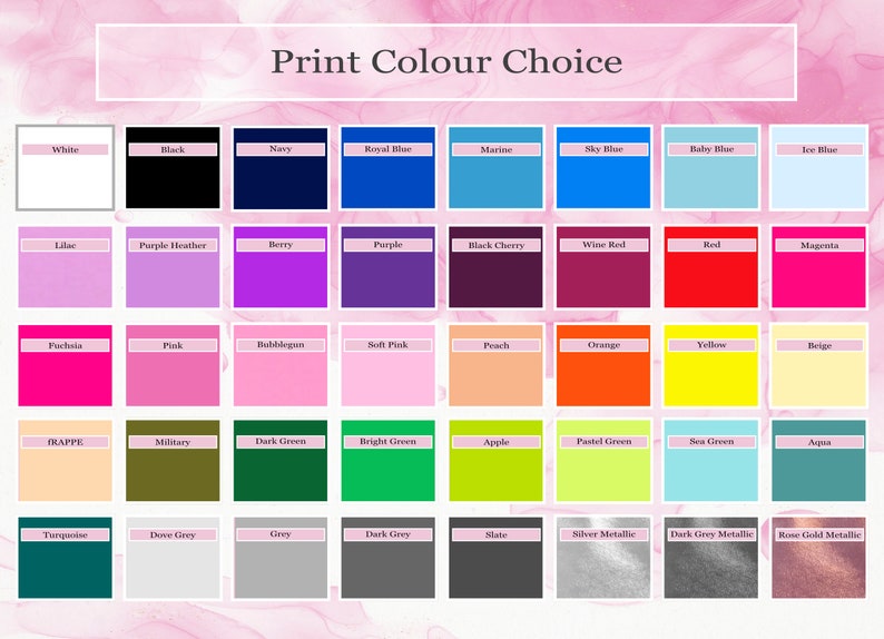 Pu&ograve; includere: Una tabella colori con varie opzioni di stampa. La tabella include una gamma di colori, dal bianco e nero a tonalit&agrave; vivaci come fucsia e arancione, e opzioni metalliche. Il testo "Print Colour Choice" &egrave; in alto.