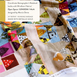 May include: Fabric with a colorful geometric pattern. The design includes triangles, squares, and abstract shapes in various colors like blue, green, purple, and yellow. The fabric is labeled "Open Space" and is 24 inches in repeat.