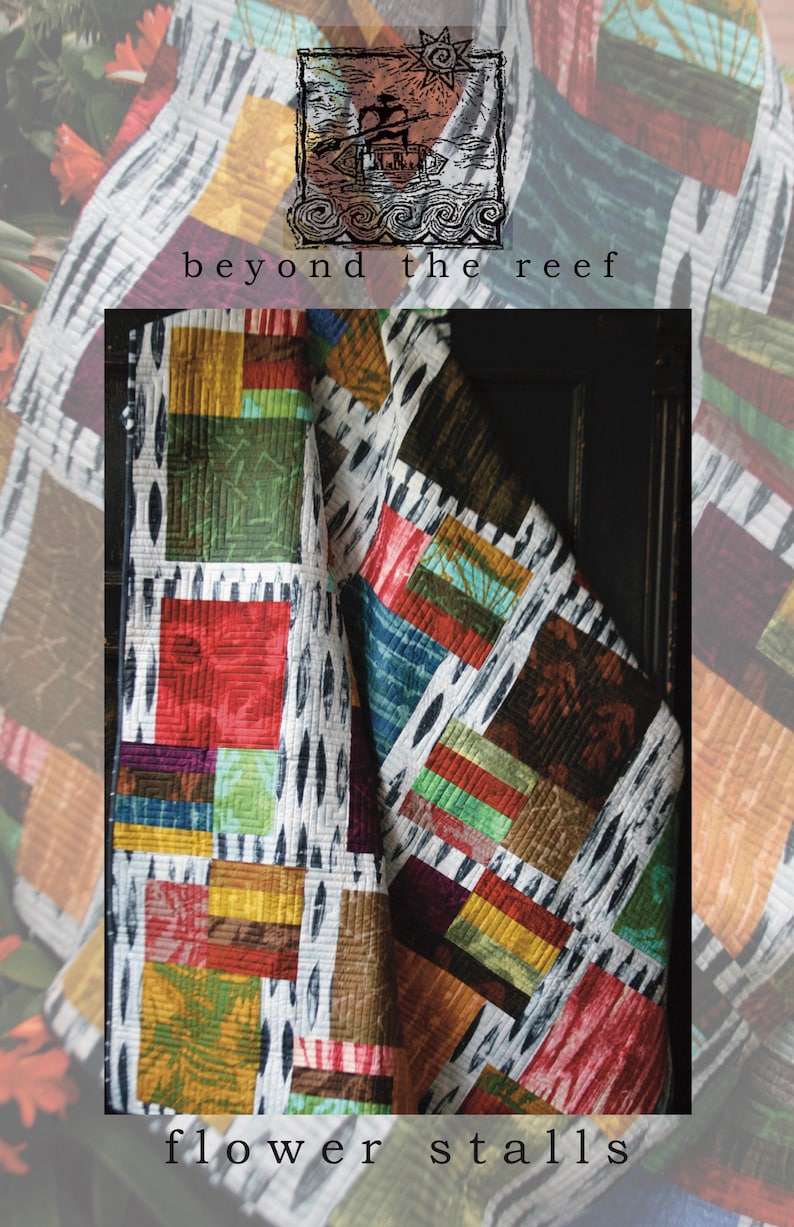 May include: A colorful quilt with a white background and a variety of patterned fabric squares. The quilt is folded in half and the text "beyond the reef flower stalls" is visible at the bottom of the image.