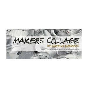 Pode incluir: Uma caixa branca com o texto "MAKERS COLLAGE by NATALE BARNES. 100% COTTON - 6 LARGE SPOOLS - 50WT (1422YDS EA)" impresso nela. A caixa est&aacute; cheia de peda&ccedil;os de tecido branco.