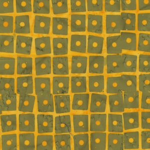 May include: A repeating pattern of olive green squares with a yellow center dot on a yellow background. The squares are slightly askew, creating a textured, batik-like appearance. The design is suitable for fabric or wallpaper.