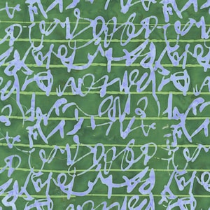 May include: A green fabric with a pattern of light blue cursive script and horizontal stripes. The script appears to be randomly placed across the fabric, creating a unique and artistic design. The fabric has a slightly textured appearance.