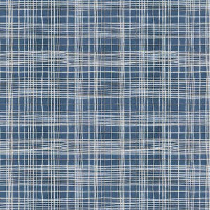May include: A seamless pattern featuring a grid design with a hand-drawn aesthetic. The background is a deep blue, overlaid with a network of off-white, slightly irregular lines, creating a plaid or check effect. The lines vary in thickness.