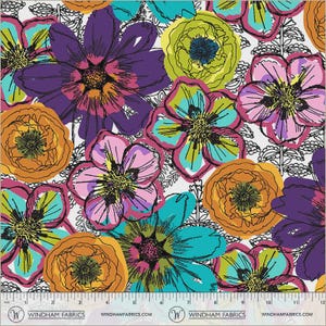May include: A vibrant fabric featuring a colorful floral pattern. Large flowers in shades of purple, orange, pink, and teal are set against a white background with black outlines. The fabric has a ruler along the bottom edge.