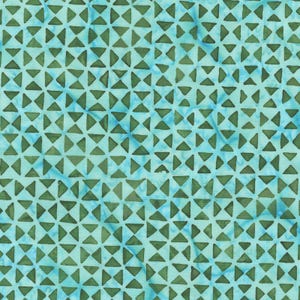 May include: A teal blue fabric with a repeating pattern of green triangles. The triangles are arranged in a grid pattern, creating a geometric design.
