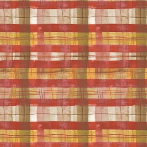 May include: A repeating pattern of intersecting horizontal and vertical lines in a plaid design. The pattern features broad bands of red, yellow, and brown, with thinner lines of brown and white. The design has a watercolor effect.