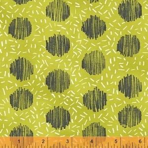 May include: Green fabric with a repeating pattern of black and white circles. The circles are filled with a hatched pattern. The background is a solid green color.