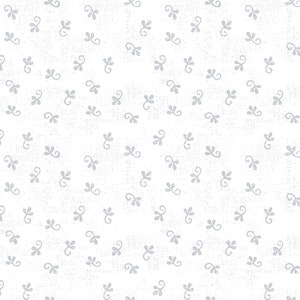 May include: A seamless pattern of small, gray, stylized floral designs on a white background.