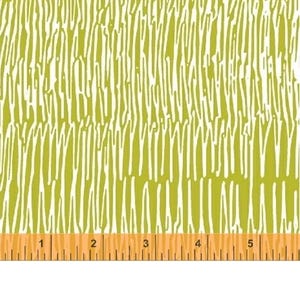 May include: A green and white fabric with a repeating pattern of abstract lines. The fabric is measured with a ruler in inches.