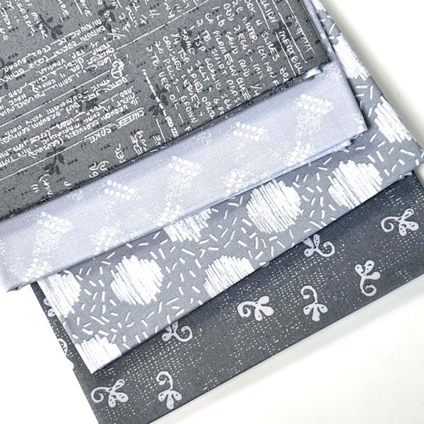 Gray and White Makers Collage fq bundle  FOUR FAT QUARTERS  White Grey Gray Fabrics Makers Collage Natalie BarnesQuilting cotton fabric