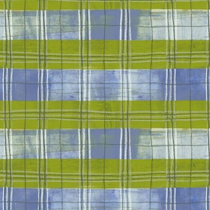 May include: Abstract plaid pattern in shades of green, blue, and white. The design features horizontal bands of green and blue, intersected by vertical and horizontal lines, creating a grid-like effect. The pattern has a textured, painted appearance.