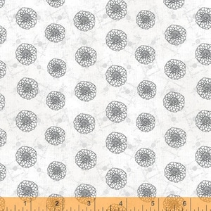 May include: White fabric with a repeating pattern of gray stylized floral designs.