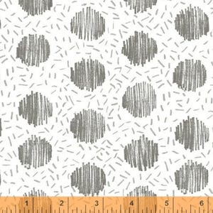 May include: White fabric with a repeating pattern of gray circles. The circles are made up of thin, vertical lines. There are also small, gray dashes scattered throughout the fabric.