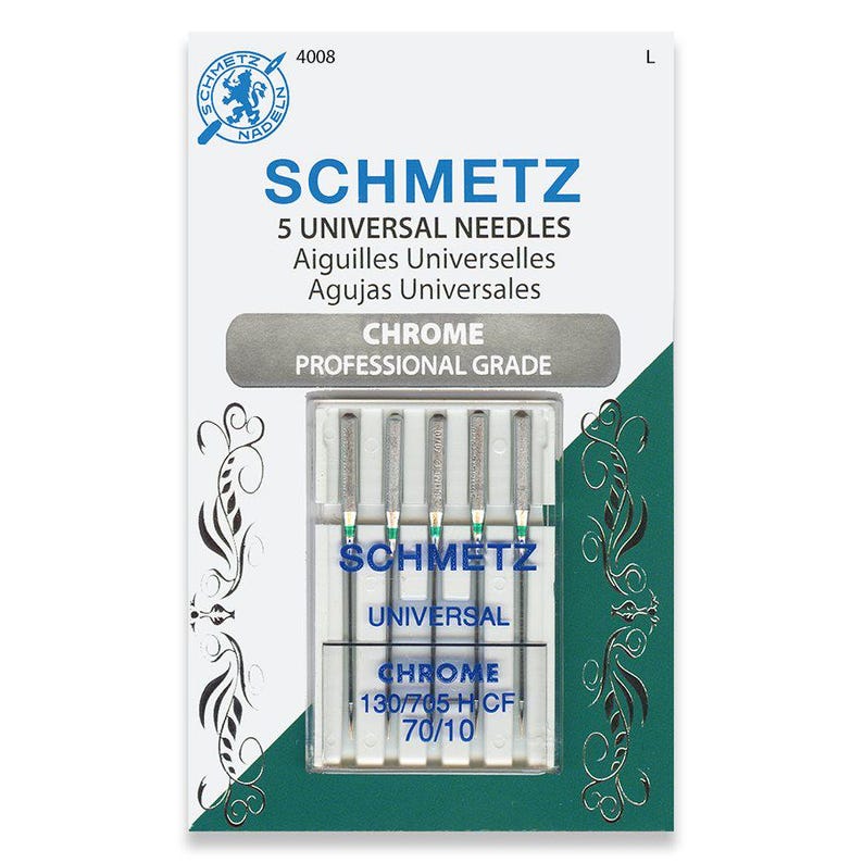 May include: A package of 5 chrome universal sewing machine needles, size 70/10, by the brand Schmetz. The package is green and white with the text "Schmetz Universal Chrome 130/705 HCF 70/10" printed on it.
