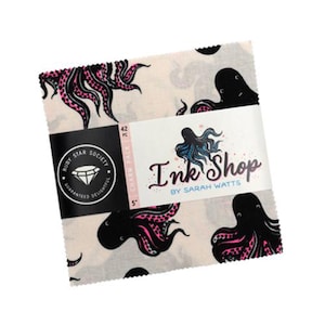 May include: A square fabric charm pack featuring a cream background with a repeating black and pink octopus pattern. A white and black paper band wraps around the center, printed with the text Ink Shop by Sarah Watts and Ruby Star Society.