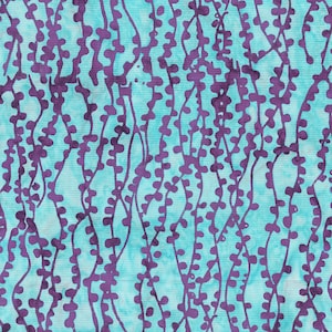 May include: A seamless pattern featuring a light blue background with vertical lines and dark purple, vine-like shapes. The design has a watercolor effect, creating a textured, organic look. This fabric design is suitable for various craft projects.