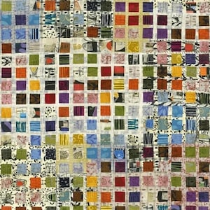 May include: A colorful fabric with a patchwork design featuring a grid of small squares in various colors and patterns. The fabric has a white background with black lines creating a grid pattern.