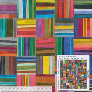 May include: A colorful fabric with a patchwork design. The fabric features rectangular blocks with vertical and horizontal stripes in various colors, including red, blue, green, and yellow. The repeat size is 45" x 42".