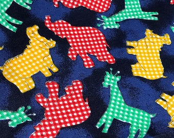Gingham Elephants, Giraffes and Hippos Fabric, Chelsea Collection by Rose and Hubble
