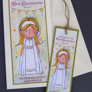 Meisjes eerste communiekaart met gepersonaliseerde bladwijzer, heilige communiekaart voor klein meisje, eerste heilige communie gepersonaliseerde kaart