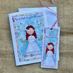 Cartão de Primeira Comunhão de Menina com Óculos com Marcador Personalizado, Cartão de Sagrada Comunhão para Menina, Cartão de Primeira Comunhão