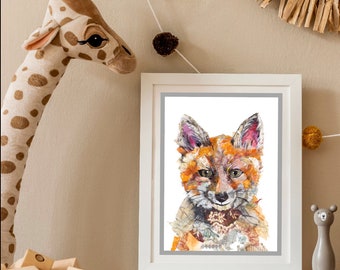 Little Fox Nursery Art Print, Baby Shower Gift, 8x10 Mounted