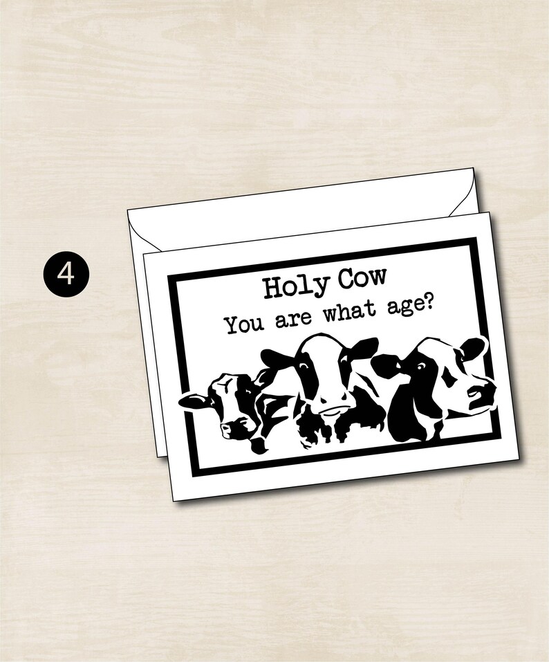 May include: A greeting card with a black and white illustration of three cows. The text on the card reads "Holy Cow You are what age?"