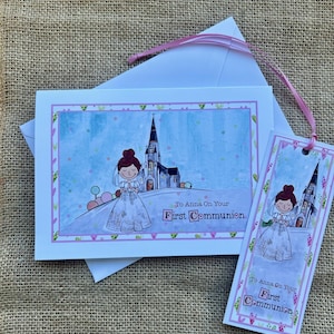 Cartão de comunhão para meninas Cartão de primeira comunhão com marcador personalizado, Cartão de comunhão para menina, Cartão de primeira comunhão