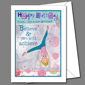 Tarjeta de cumpleaños personalizada para niñas que aman la gimnasia Tarjeta de cumpleaños gimnástica Tarjetas de cumpleaños Chicas gimnásticas Impresiones gimnásticas lindas