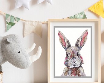 Bunny Rabbit Nursery Art Print, Woodland Animal Wall Decor