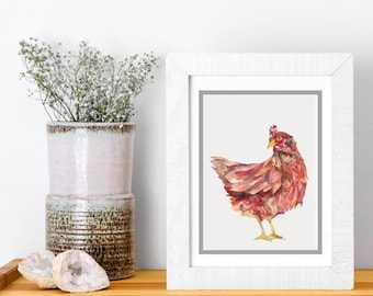 Chicken Print, Hen Painting, Hen Decor, Rooster Farmhouse Decor, Farm Decor, Animal Art, Kitchen Decor