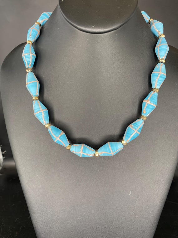 Turquoise French Cross Cones: Turquoise Ceramic Necklace