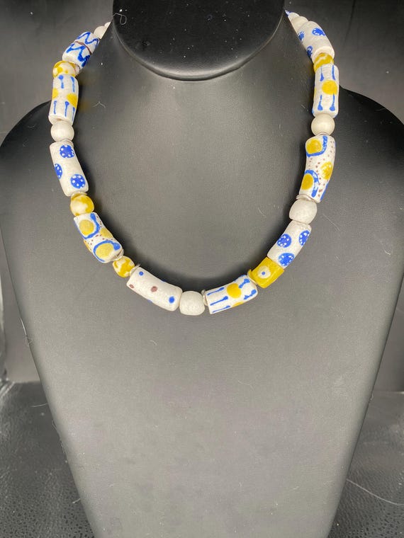 White/Royal/Yellow Krobos Necklace