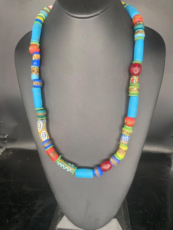 Multi African Blue Krobo: Multi coloured cylindrical Necklace