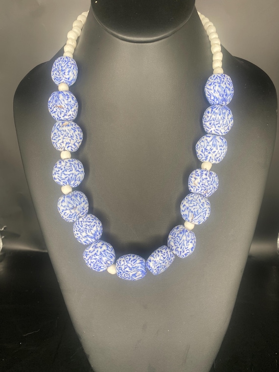 Blue/White African Circles: Royal and White Necklace