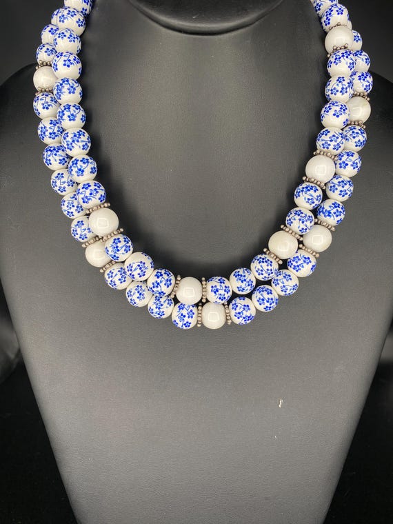 Blue/White Ceramic: 2 strand Ceramic Necklace