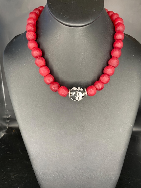 Red Sea Glass with Black and White: Red, Black & White Necklace