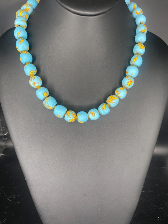 Blue Yellow African Glass: Robin's Egg Blue and Yellow Glass Necklace