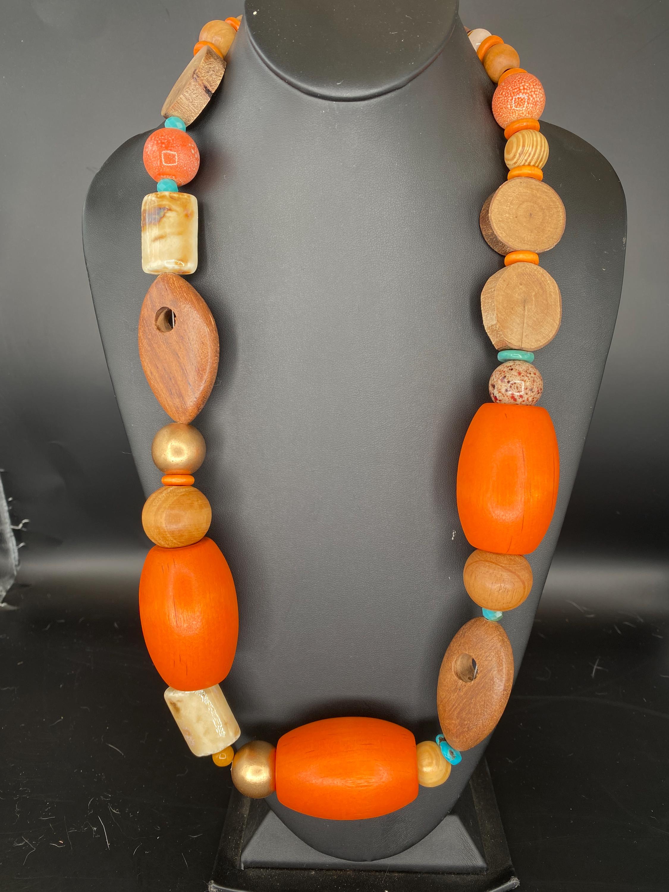 Orange/Brown Wood: Orange & Brown Wooden Necklace