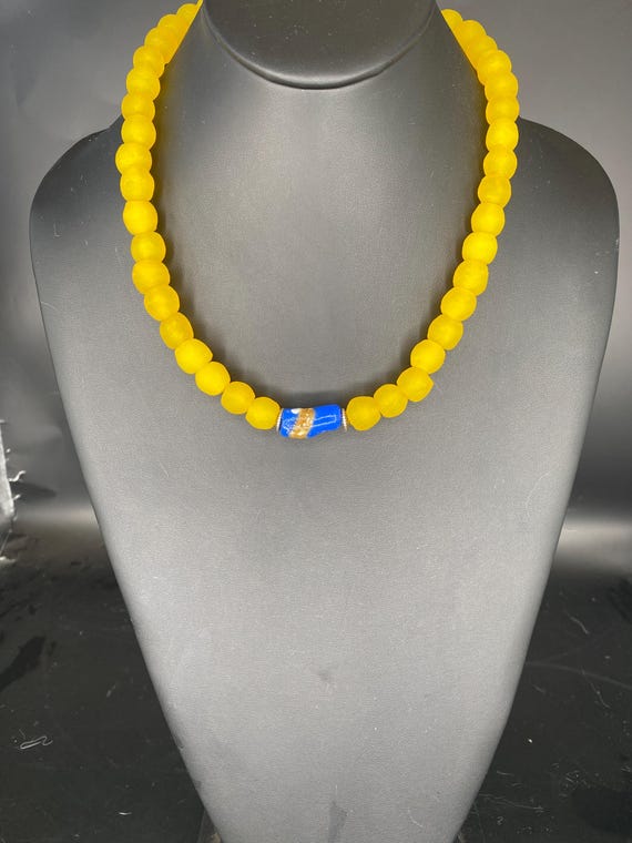Yellow Sea Glass with royal Center: Bright Yellow Necklace