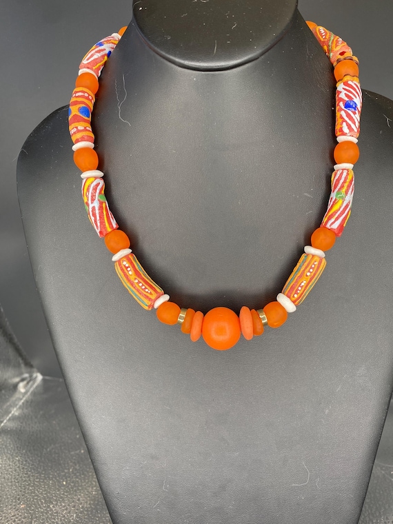 Orange Krobo & African Glass Necklace