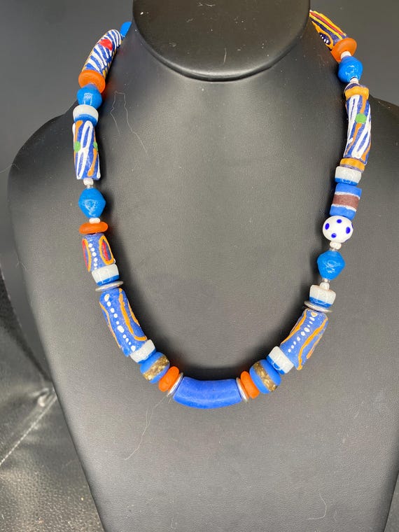 Blue/Orange Krobo Necklace