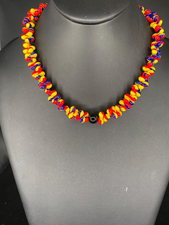 Yellow Red Navy: Millefiori coloured Glass Necklace