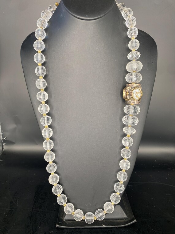 Clear Faceted Necklace: Clear Necklace with Tibetan Opal Cylinder