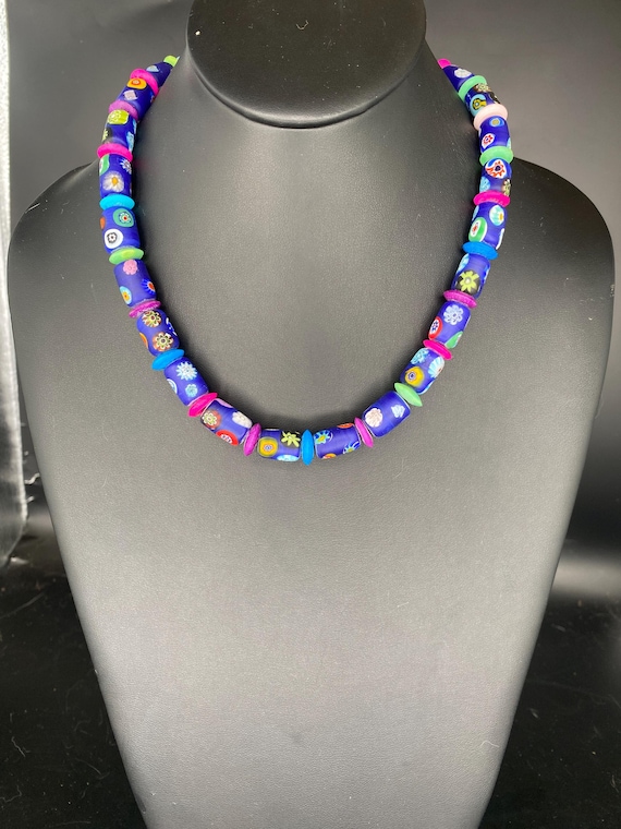 Millefiori Glass Multi Navy Choker: Navy Fuschia Necklace