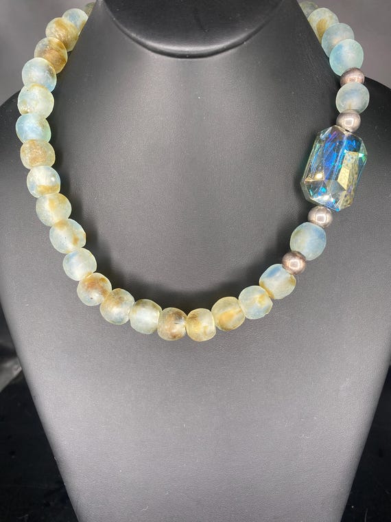 Clear Brown and Blue Sea Glass: Sea Glass Necklace