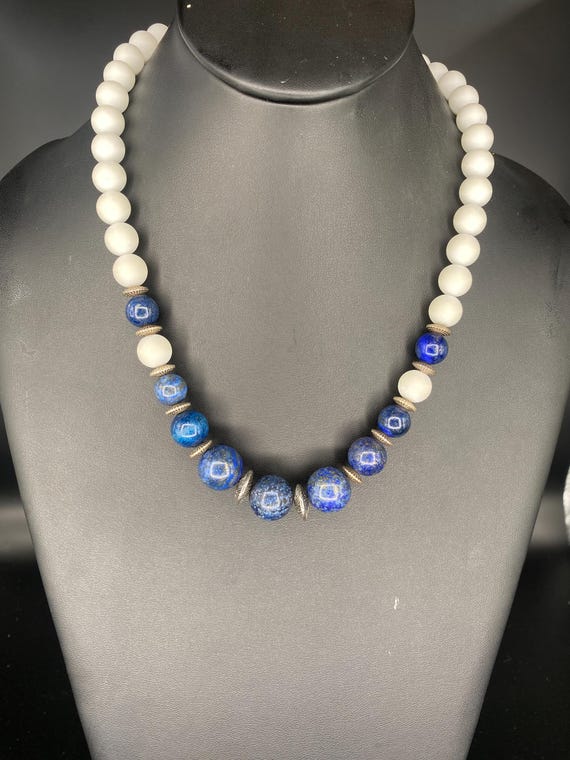 White Marble and Navy: Marble and Lapis Necklace