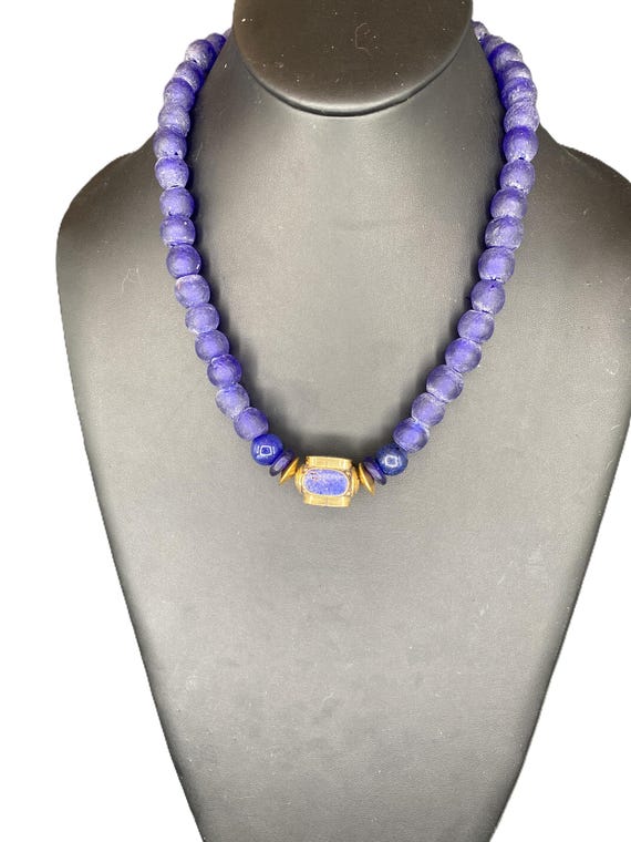 Navy Sea Glass with Gold Necklace
